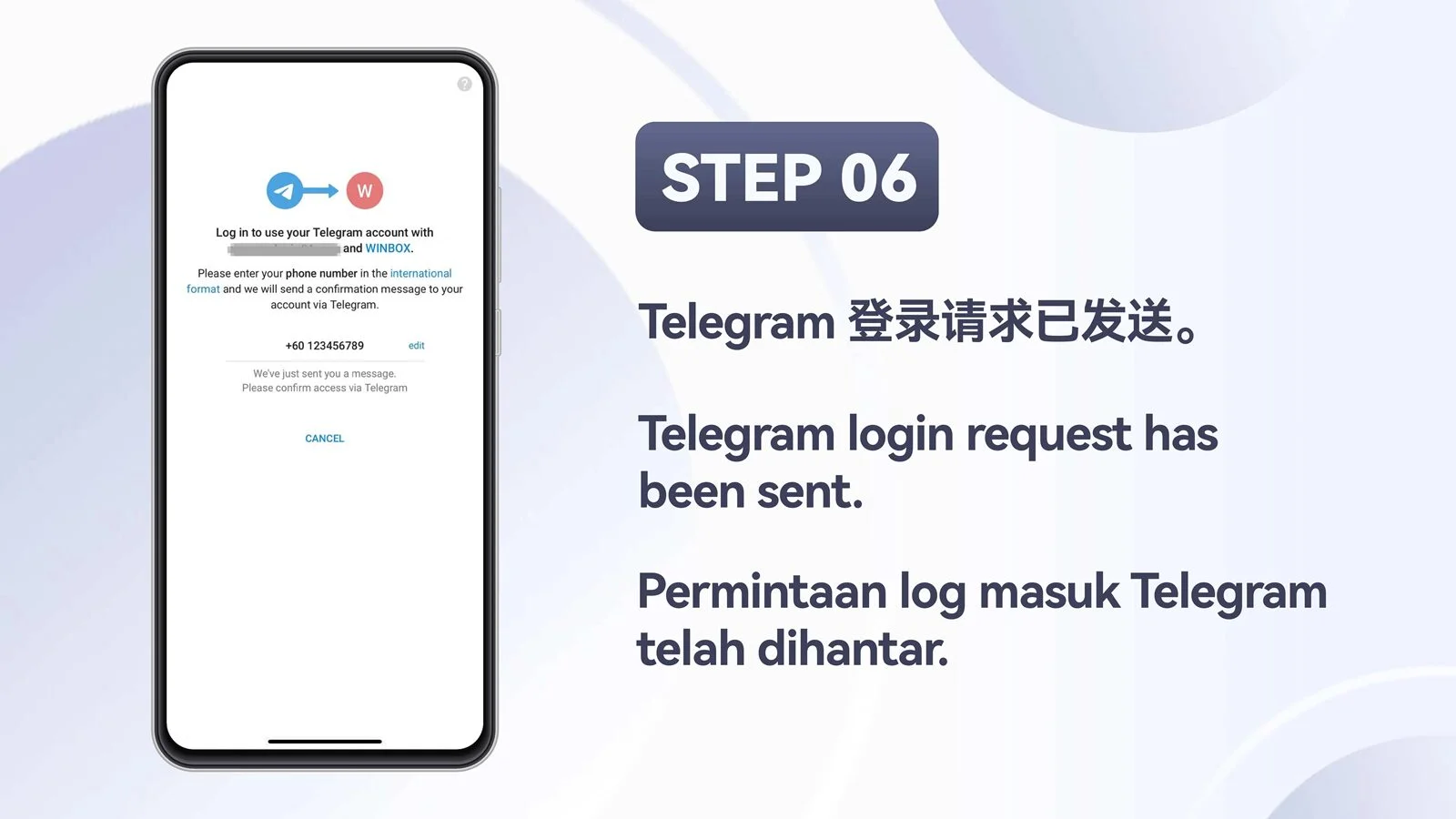 WINBOX Telegram mobile bind telegram to an existing account step 6