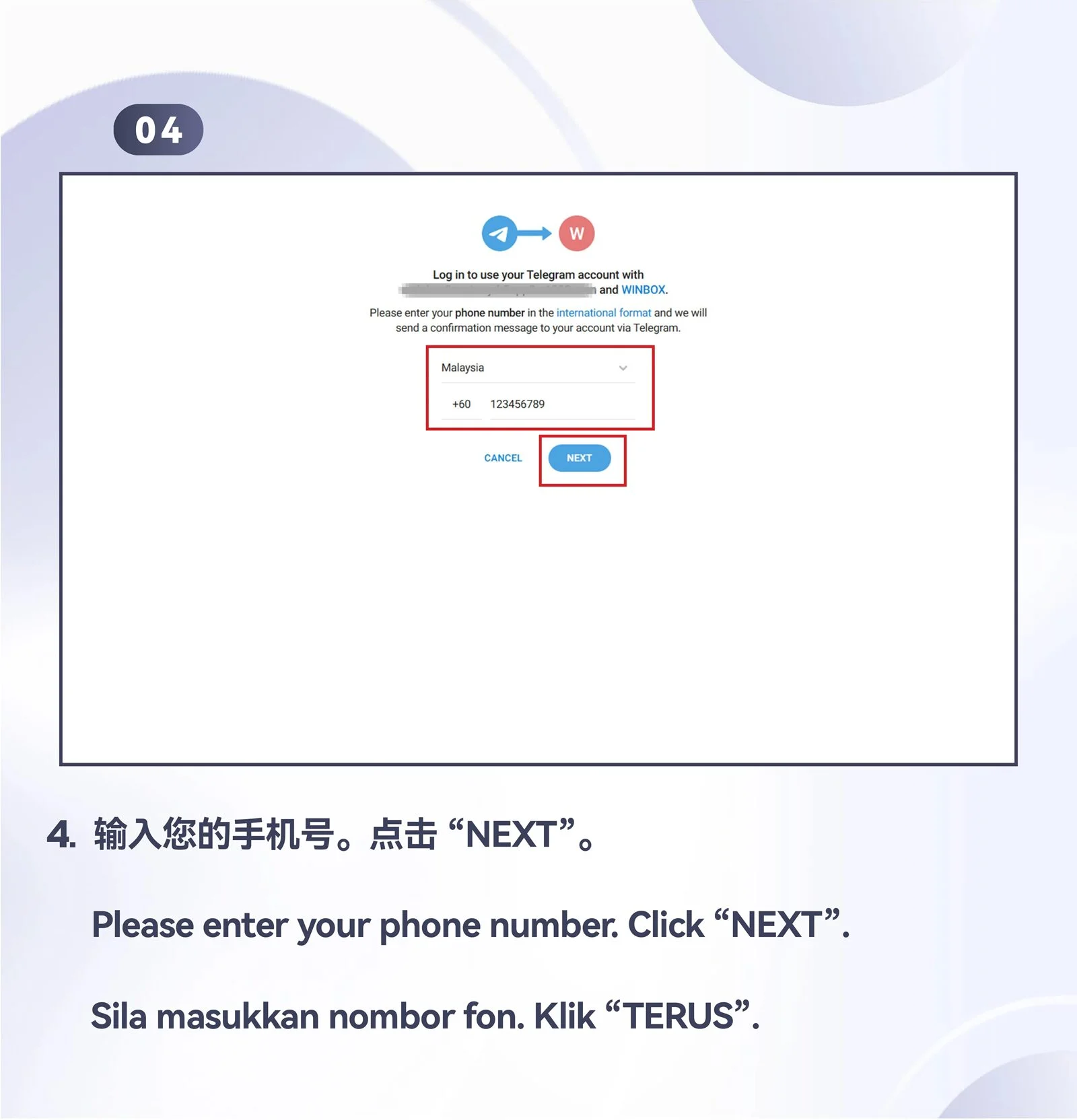 WINBOX Telegram desktop bind telegram to an existing account step 4