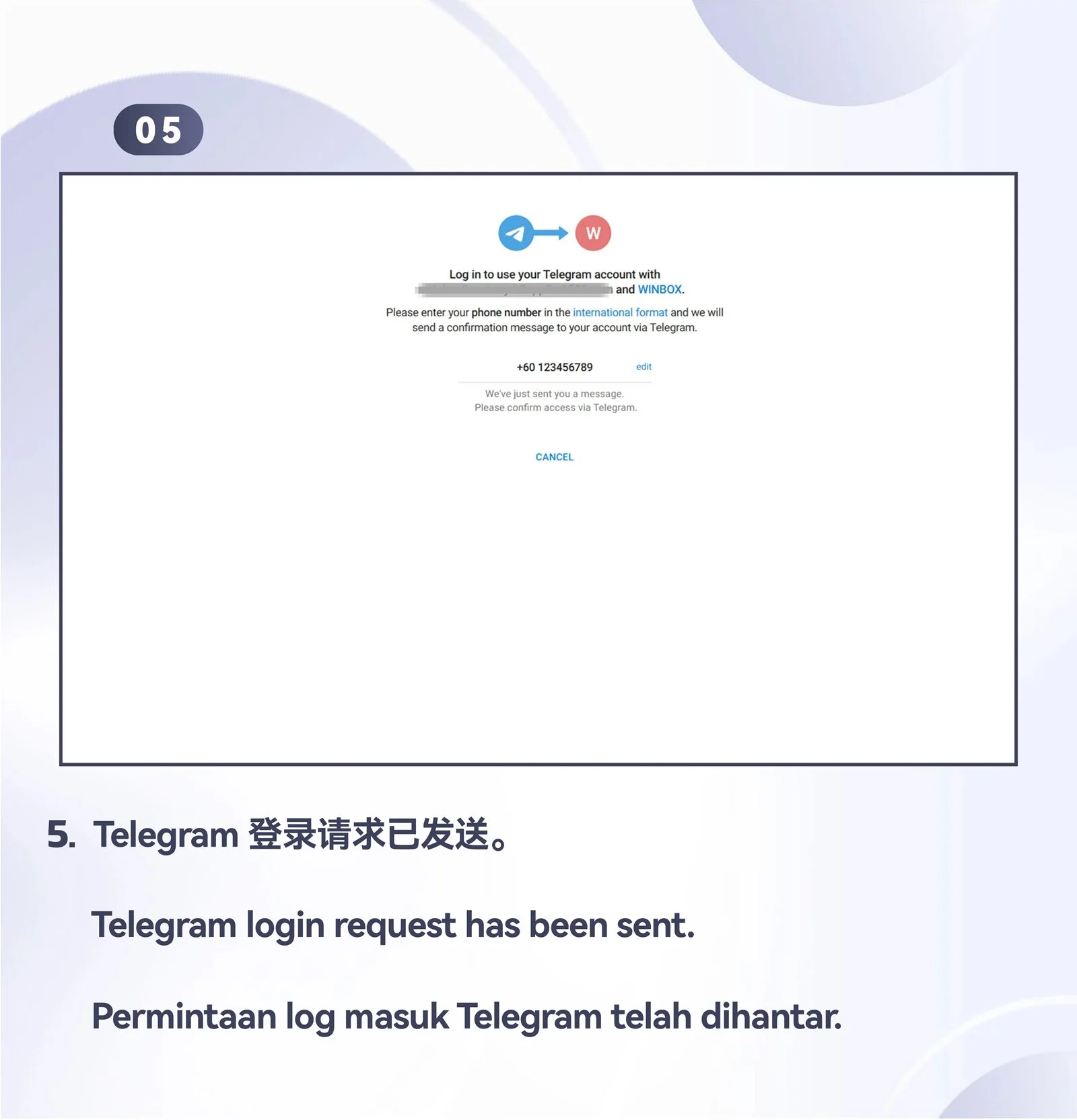 WINBOX Telegram desktop bind telegram to an existing account step 5