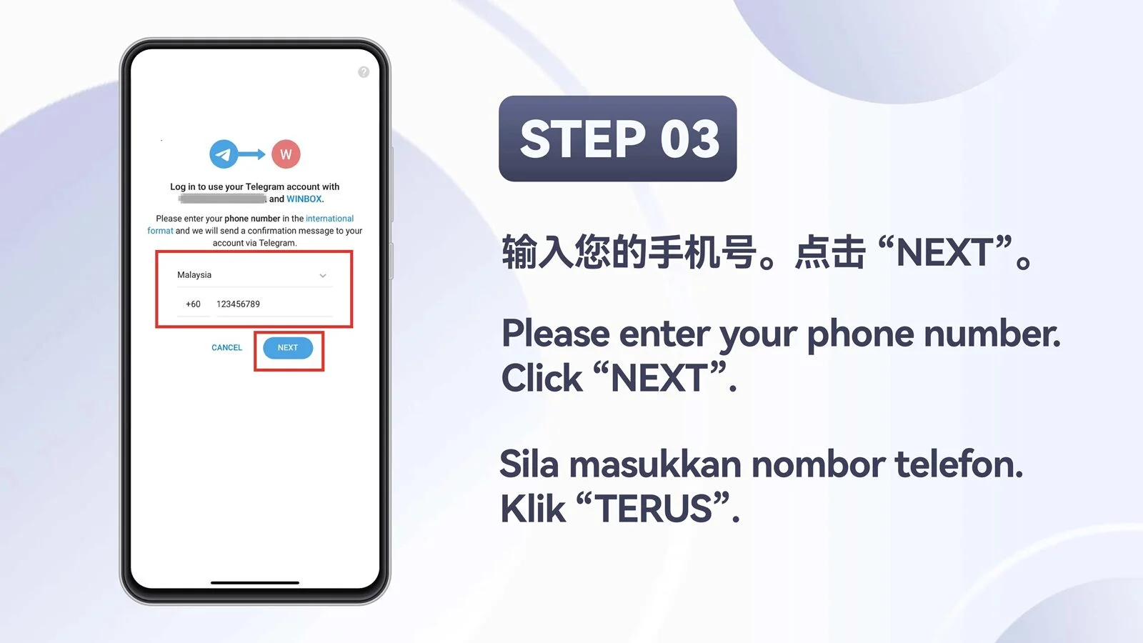 WINBOX Telegram mobile register an account with telegram step 3