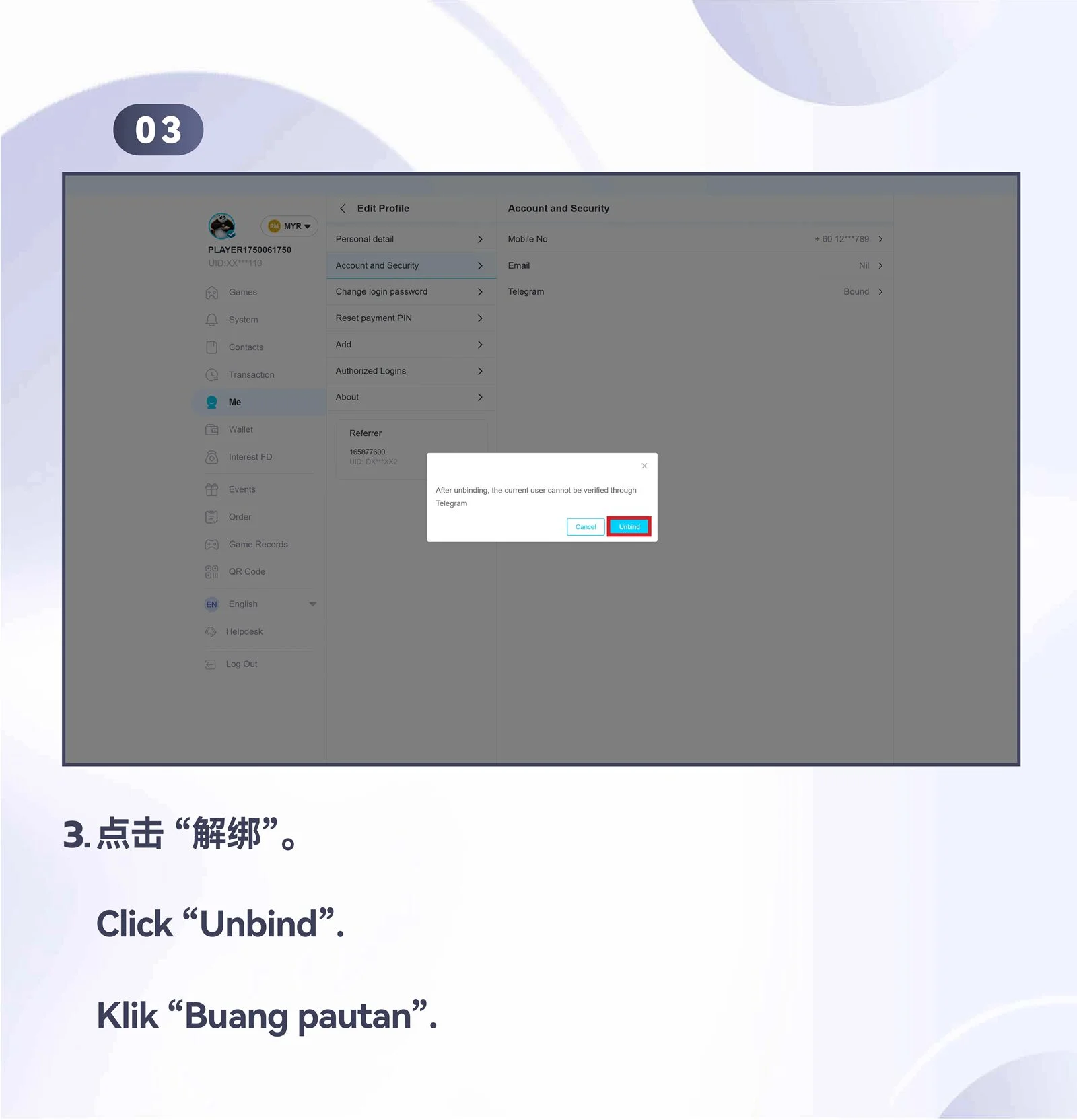 WINBOX Telegram desktop unbind telegram from your account step 3