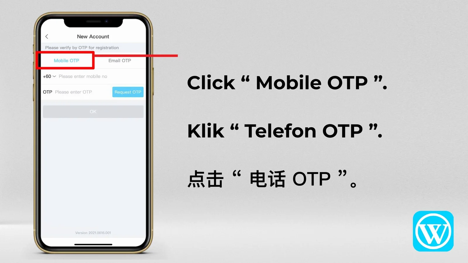 WINBOX registration step 05: Choose Mobile OTP