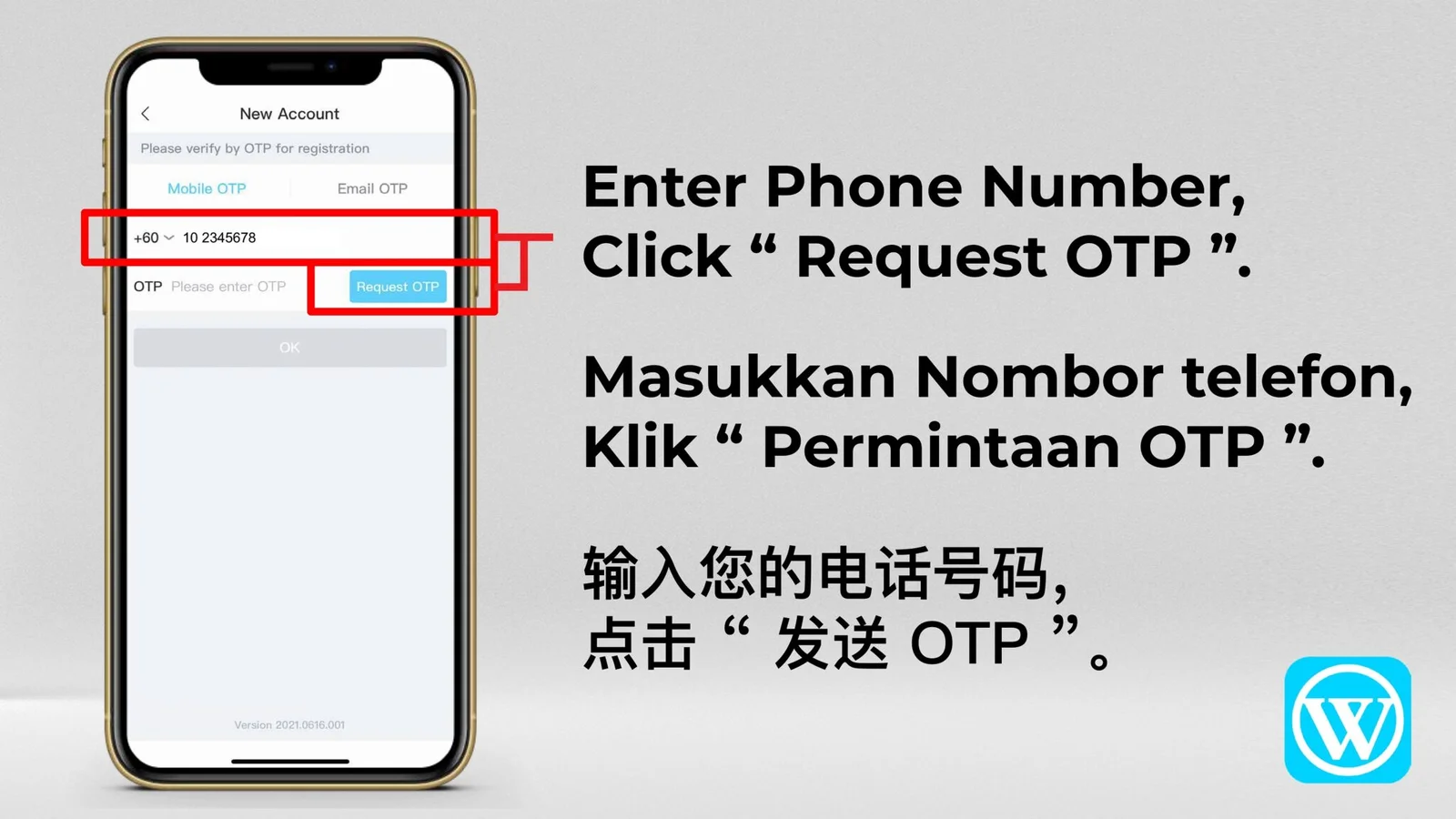 WINBOX registration step 06: Enter your phone number