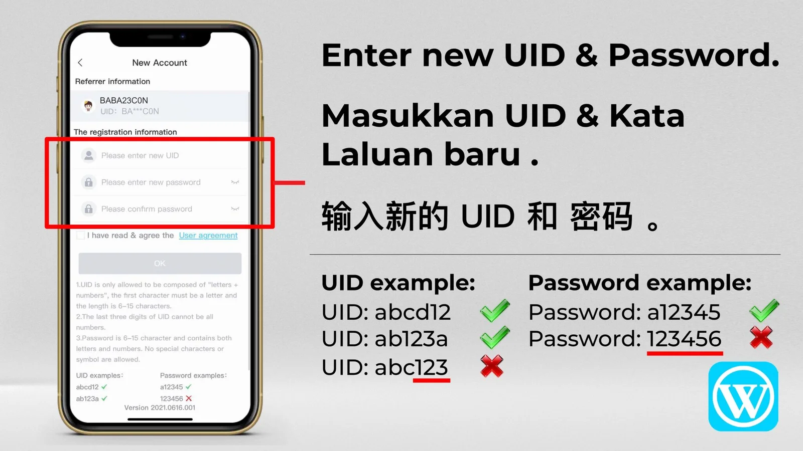 WINBOX registration step 08: Create your UID and password