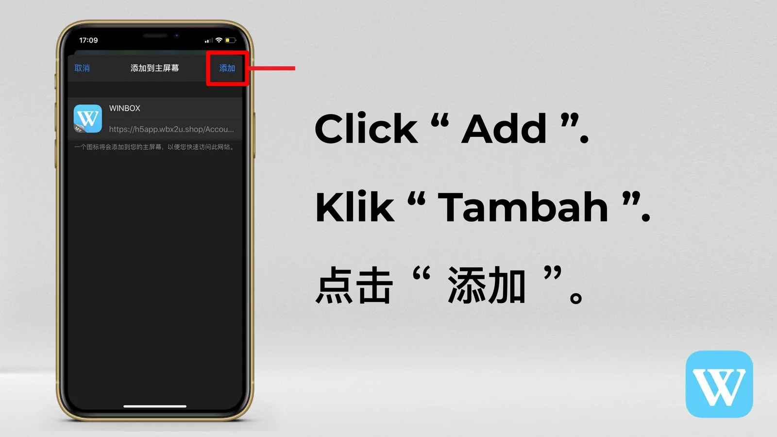 Confirm Add for the WINBOX shortcut on iOS